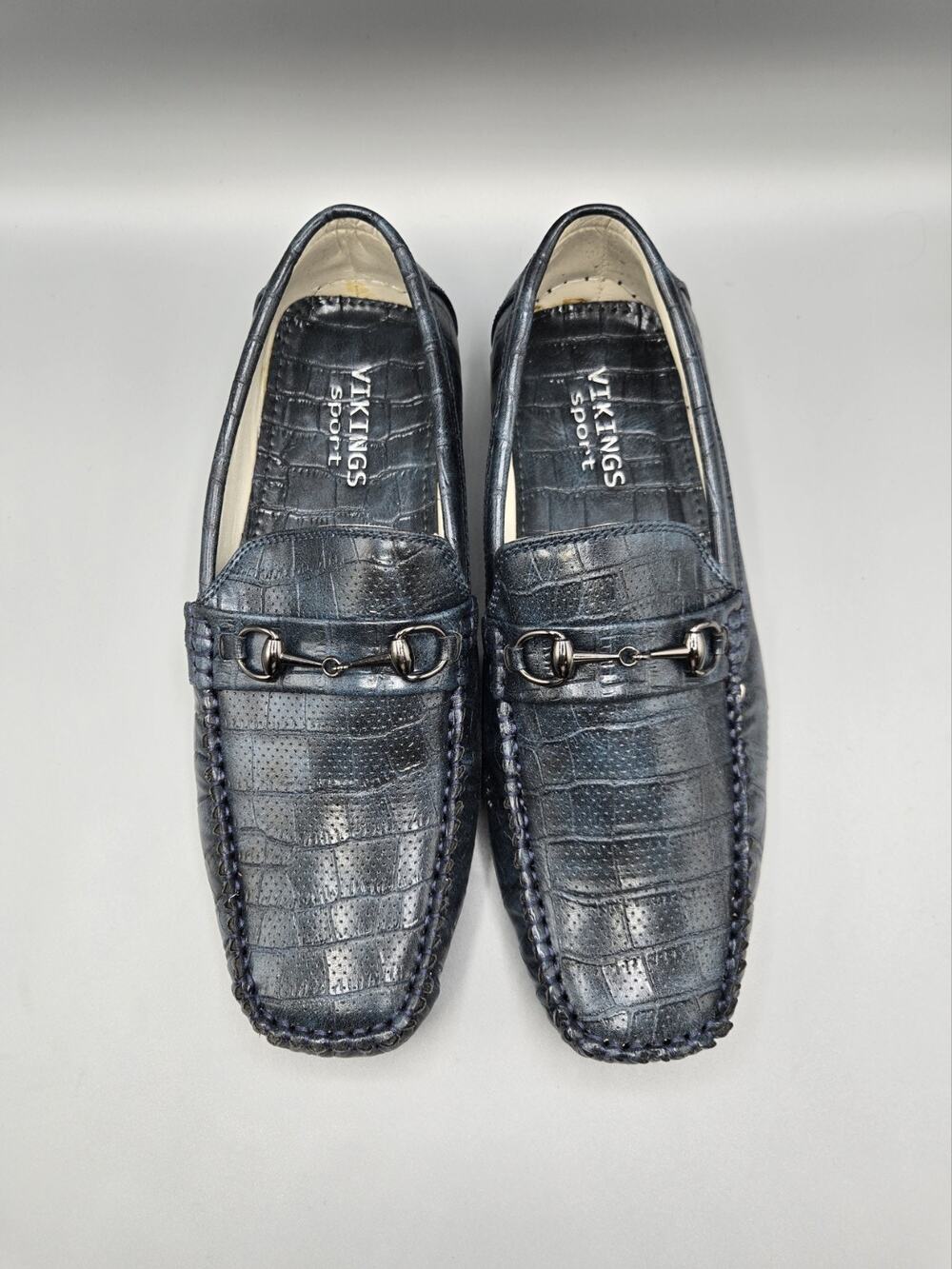 NIB Vikings Sport Navy Blue Croc Embossed Leather Bit Loafers Driving Shoes...
